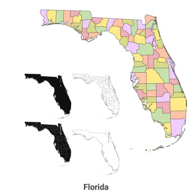 Florida idari haritası, Florida ana hatları ve sağlam harita seti - illüstrasyon versiyonu