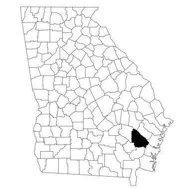 Georgia eyaletindeki Wayne County haritası beyaz arka planda. Georgia haritasında siyah renkle işaretlenmiş tek bir bölge haritası. Birleşik Devletler, ABD
