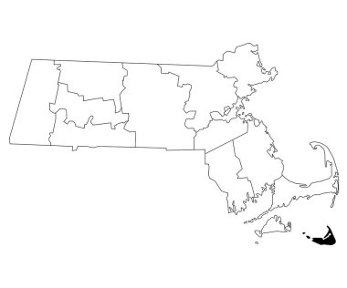 Massachusetts 'teki Nantucket County haritası beyaz arka planda. Massachusetts haritasında siyah renkle işaretlenmiş tek bir bölge haritası. Birleşik Devletler, ABD