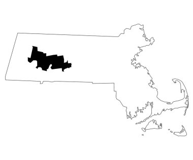 Massachusetts 'teki Hampshire ilçesinin beyaz arka plan haritası. Massachusetts haritasında siyah renkle işaretlenmiş tek bir bölge haritası. Birleşik Devletler, ABD