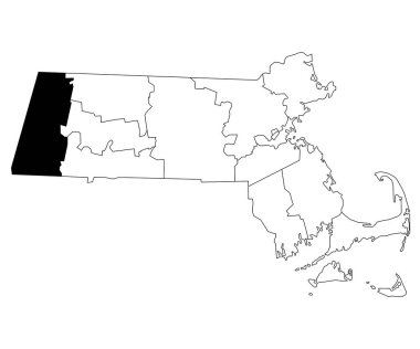 Massachusetts Berkshire ilçesinin beyaz arka plan haritası. Massachusetts haritasında siyah renkle işaretlenmiş tek bir bölge haritası. Birleşik Devletler, ABD