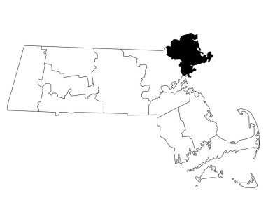 Massachusetts 'teki Essex ilçesinin beyaz arka plan haritası. Massachusetts haritasında siyah renkle işaretlenmiş tek bir bölge haritası. Birleşik Devletler, ABD