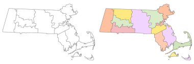 Massachusetts idari haritası, Massachusetts ana hatları ve ilçelerin eyalet haritası - illüstrasyon sürümü