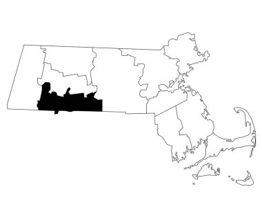 Massachusetts 'teki Hampden County haritası beyaz arka planda. Massachusetts haritasında siyah renkle işaretlenmiş tek bir bölge haritası. Birleşik Devletler, ABD