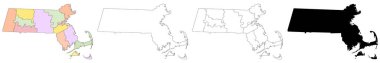 Massachusetts idari haritası, Massachusetts ana hatları ve ilçelerin eyalet haritası - illüstrasyon sürümü