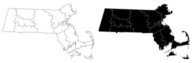 Massachusetts idari haritası, Massachusetts ana hatları ve ilçelerin eyalet haritası - illüstrasyon sürümü
