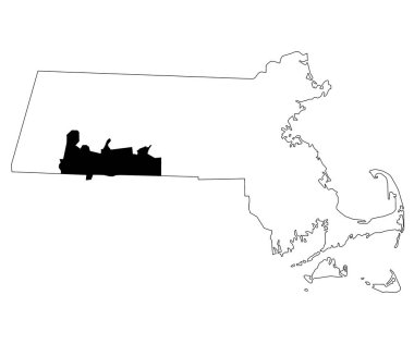 Massachusetts 'teki Hampden County haritası beyaz arka planda. Massachusetts haritasında siyah renkle işaretlenmiş tek bir bölge haritası. Birleşik Devletler, ABD