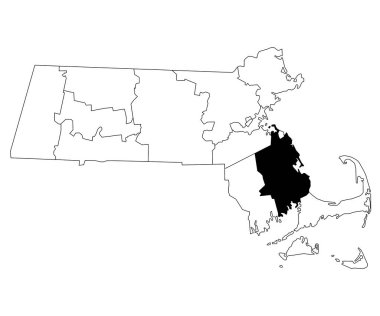 Massachusetts 'teki Plymouth ilçesinin haritası beyaz arka planda. Massachusetts haritasında siyah renkle işaretlenmiş tek bir bölge haritası. Birleşik Devletler, ABD