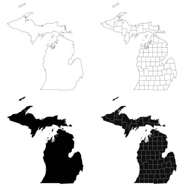 Michigan idari haritası, Michigan ana hatları ve eyalet haritası seti - illüstrasyon sürümü