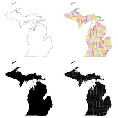 Michigan idari haritası, Michigan ana hatları ve eyalet haritası seti - illüstrasyon sürümü