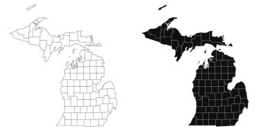 Michigan idari haritası, Michigan ana hatları ve eyalet haritası seti - illüstrasyon sürümü