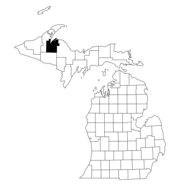 Michigan eyaletindeki Baraga ilçesinin beyaz arka plan haritası. Michigan haritasında siyah renkle işaretlenmiş tek bir bölge haritası. Birleşik Devletler, ABD