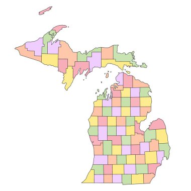 Michigan idari haritası. Michigan haritası farklı renklerde, boş harita, Michigan 'ın boş haritası 