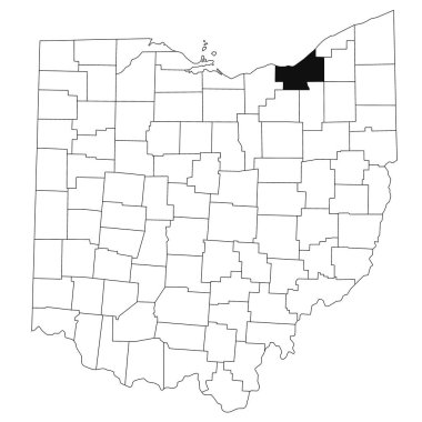 Ohio eyaletindeki Cuyahoga ilçesinin beyaz arka plan haritası. Ohio haritasında siyah renkle işaretlenmiş tek bir bölge haritası. Birleşik Devletler, ABD