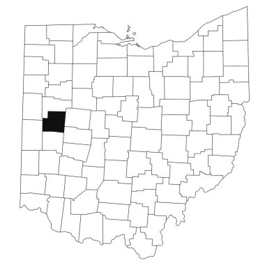 Ohio eyaletindeki Shelby County 'nin beyaz arka plan haritası. Ohio haritasında siyah renkle işaretlenmiş tek bir bölge haritası. Birleşik Devletler, ABD