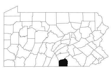 Pennsylvania 'daki Adams County haritası beyaz arka planda. Pennsylvania haritasında siyah renkle işaretlenmiş tek bir bölge haritası. Birleşik Devletler, ABD