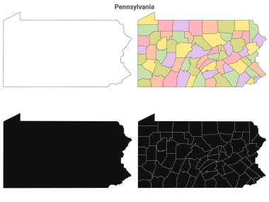 Pennsylvania idari haritası, Pennsylvania ana hatları ve eyalet haritası seti - illüstrasyon versiyonu