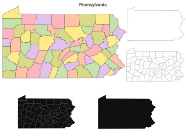 Pennsylvania idari haritası, Pennsylvania ana hatları ve eyalet haritası seti - illüstrasyon versiyonu