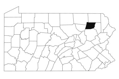 Pensilvanya 'nın Wyoming ilçesinin haritası beyaz arka planda. Pennsylvania haritasında siyah renkle işaretlenmiş tek bir bölge haritası. Birleşik Devletler, ABD