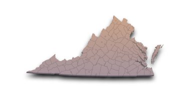 Virginia Eyaleti 3D haritası, renkli ve kontluklu. Amerika Birleşik Devletleri, ABD, Birleşik Devletler