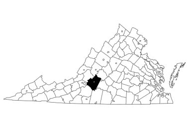 Virginia 'daki Bedford County haritası beyaz arka planda. Virginia haritasında siyah renkle işaretlenmiş tek bir bölge haritası. Birleşik Devletler, ABD