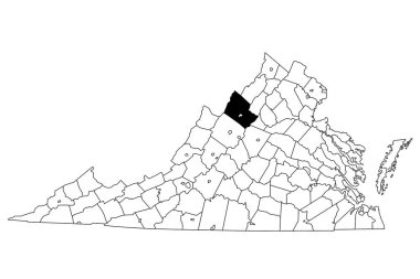 Virginia 'daki Rockingham County haritası beyaz arka planda. Virginia haritasında siyah renkle işaretlenmiş tek bir bölge haritası. Birleşik Devletler, ABD