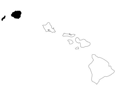 Hawaii eyaletindeki Kauai İlçesi haritası beyaz arka planda. Hawaii haritasında siyah renkle işaretlenmiş tek bir bölge haritası. Birleşik Devletler, ABD