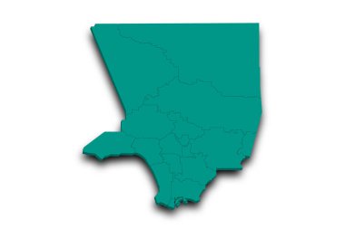 Los Angeles 'ın üç boyutlu haritası. Bölgeleri ve renkleri var. Kaliforniya, Amerika Birleşik Devletleri, ABD, Birleşik Devletler