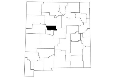 New Mexico eyaletindeki Bernalillo ilçesinin beyaz arka plan haritası. New Mexico haritasında siyah renkle işaretlenmiş tek bir bölge haritası. Birleşik Devletler, ABD