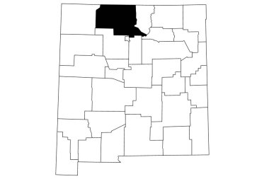 New Mexico eyaletindeki Rio arriba ilçesinin haritası beyaz arka planda. New Mexico haritasında siyah renkle işaretlenmiş tek bir bölge haritası. Birleşik Devletler, ABD