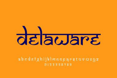 ABD eyaleti Delaware metin tasarımı. Hint tarzı Latin yazı tipi tasarımı, Devanagari esinlenilmiş alfabe, harfler ve sayılar, illüstrasyon, Hintçe yazı tipleri