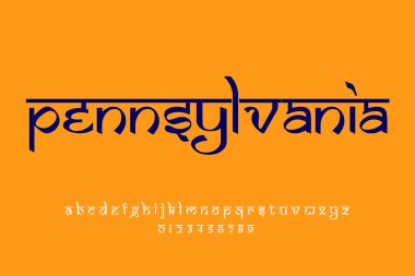 ABD Eyaleti Pennsylvania metin tasarımı. Hint tarzı Latince yazı tipi tasarımı, Devanagari ilham kaynağı alfabe, harfler ve sayılar, illüstrasyon.