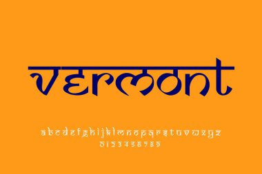 ABD Eyaleti Vermont metin tasarımı. Hint tarzı Latince yazı tipi tasarımı, Devanagari ilham kaynağı alfabe, harfler ve sayılar, illüstrasyon.