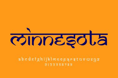 ABD Minnesota metin tasarımı. Hint tarzı Latince yazı tipi tasarımı, Devanagari ilham kaynağı alfabe, harfler ve sayılar, illüstrasyon.