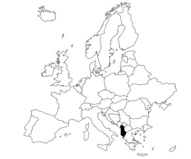 Avrupa 'daki Arnavutluk Ülkesi haritası beyaz arka planda. Avrupa haritasında siyah renkle işaretlenmiş tek bir Ülke haritası. Avrupa kıtası ve AB