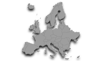 3D Avrupa haritası. Sınırları ve bölgeleri olan tüm ülke, Avrupa kıtasının beyaz arkaplanlı idari haritası. AB ve Avrupa ülkeleri haritası
