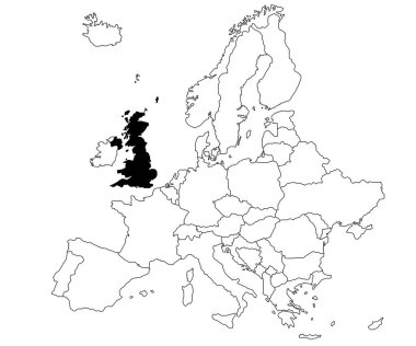 Avrupa 'daki Birleşik Krallık Ülkesi haritası beyaz arka planda. Avrupa haritasında siyah renkle işaretlenmiş tek bir Ülke haritası. Avrupa kıtası ve AB