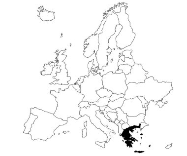 Avrupa 'daki Yunanistan Ülkesi haritası beyaz arka planda. Avrupa haritasında siyah renkle işaretlenmiş tek bir Ülke haritası. Avrupa kıtası ve AB