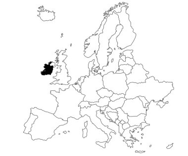 Avrupa 'daki İrlanda Ülkesi haritası beyaz arka planda. Avrupa haritasında siyah renkle işaretlenmiş tek bir Ülke haritası. Avrupa kıtası ve AB