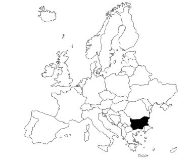 Avrupa 'daki Bulgaristan Ülkesi haritası beyaz arka planda. Avrupa haritasında siyah renkle işaretlenmiş tek bir Ülke haritası. Avrupa kıtası ve AB