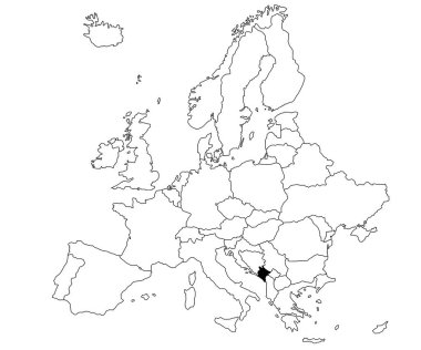 Avrupa 'daki Karadağ Ülkesi haritası beyaz arka planda. Avrupa haritasında siyah renkle işaretlenmiş tek bir Ülke haritası. Avrupa kıtası ve AB