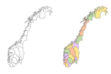 Norveç idari haritası, Norveç ana hatları ve ilçeler, bölgeler ve bölgesel harita seti - illüstrasyon versiyonu