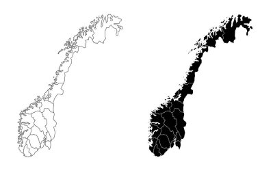 Norveç idari haritası, Norveç ana hatları ve ilçeler, bölgeler ve bölgesel harita seti - illüstrasyon versiyonu