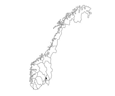 Norveç 'in Oslo İlçesi haritası beyaz arka planda. Norveç haritasında siyah renkle işaretlenmiş tek bir ilçe haritası. Norveççe, NOR