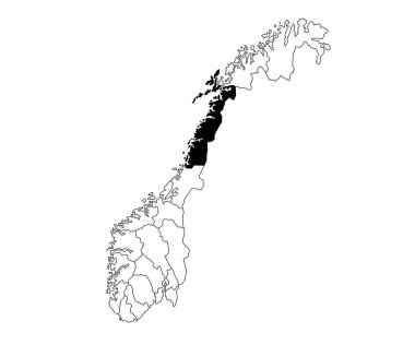 Norveç 'in Nordland ilçesinin haritası beyaz arka planda. Norveç haritasında siyah renkle işaretlenmiş tek bir ilçe haritası. Norveççe, NOR