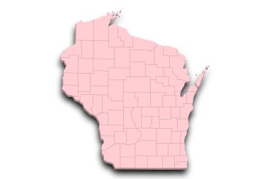 3d Wisconsin Haritası. Renkli. Amerika Birleşik Devletleri, ABD, Birleşik Devletler