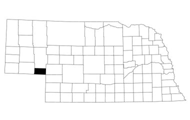 Nebraska eyaletindeki Deuel County haritası beyaz arka planda. Nebraska haritasında siyah renkle işaretlenmiş tek bir ilçe haritası. Birleşik Devletler, ABD