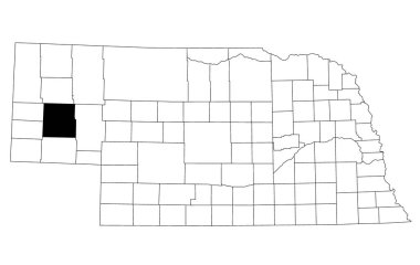 Nebraska eyaletindeki Morrill County haritası beyaz arka planda. Nebraska haritasında siyah renkle işaretlenmiş tek bir ilçe haritası. Birleşik Devletler, ABD