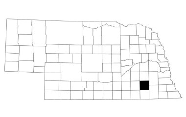 Nebraska eyaletindeki Saline County haritası beyaz arka planda. Nebraska haritasında siyah renkle işaretlenmiş tek bir ilçe haritası. Birleşik Devletler, ABD