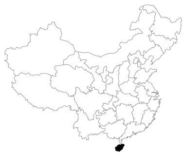 Çin 'in Hainan bölgesinin haritası beyaz arka planda. Çin haritasında siyah renkle işaretlenmiş tek bir bölge haritası. Doğu Asya, CN, Çin Halk Cumhuriyeti, PRC 